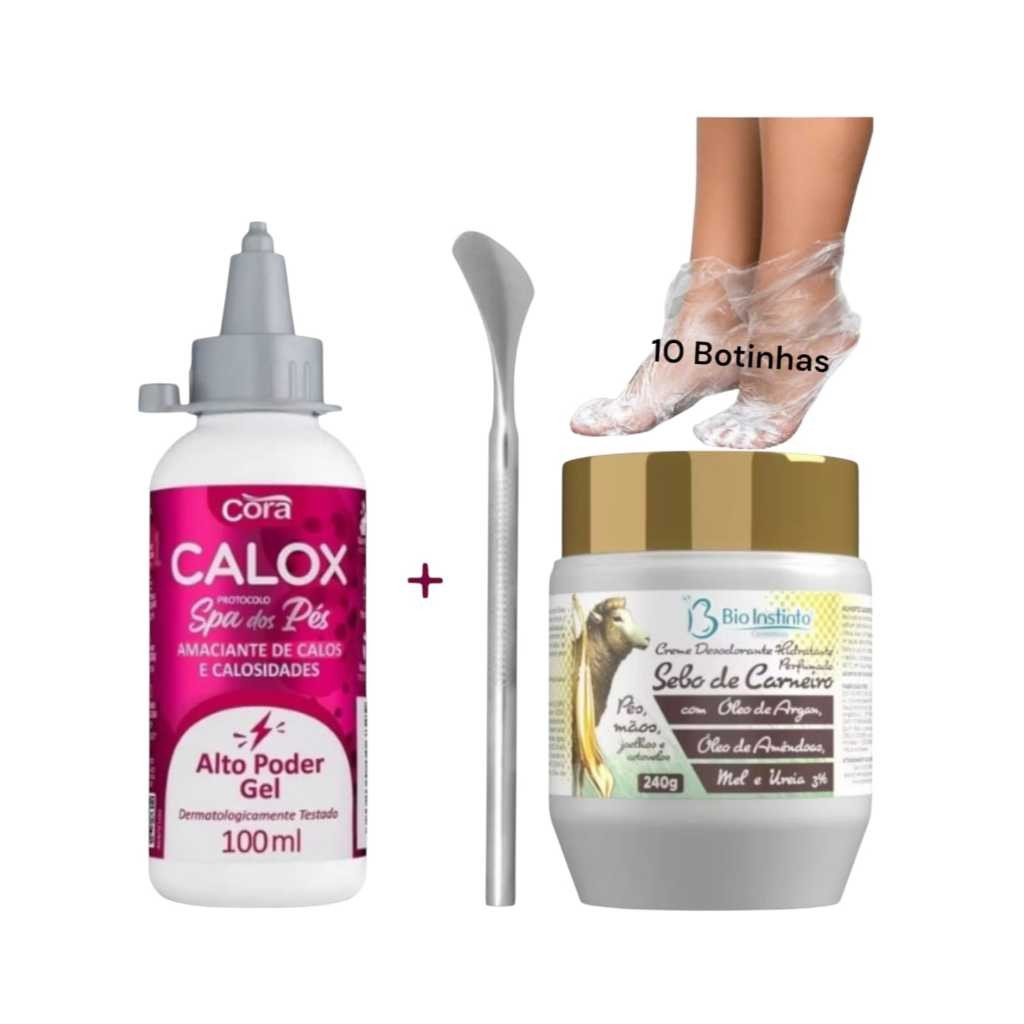 Kit Profissional Cuidados Pés- Removedor de Calos  Calox + Espátula 222+ Creme Sebo de Carneiro Com  Argan +Botinhas