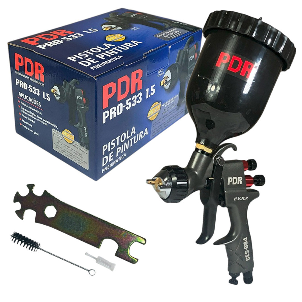 Pistola de Pintura Profissional a Gravidade PDR Sistema HVMP Bico 1.5mm 64psi Copo Preto 600ml