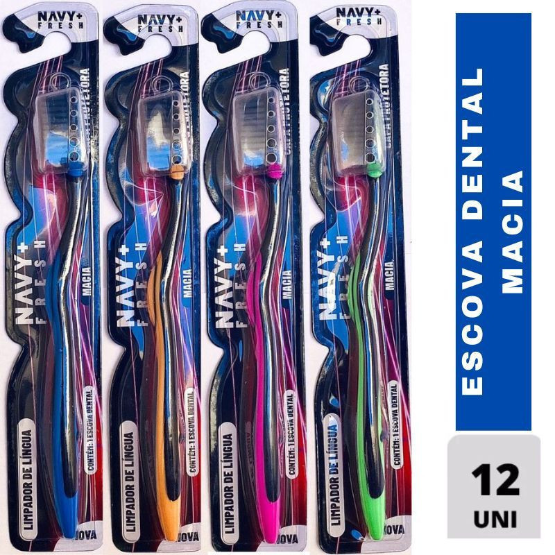 Kit Pacote Com 12 Escovas De Dente Macia Adulto Com Capa Protetora e Limpador De Lingua