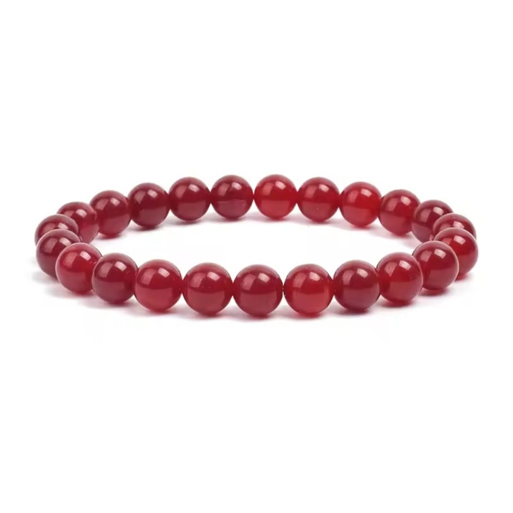 Pulseira Bola Pedra Natural Jade Rubi 8MM, Fio Silicone 18cm