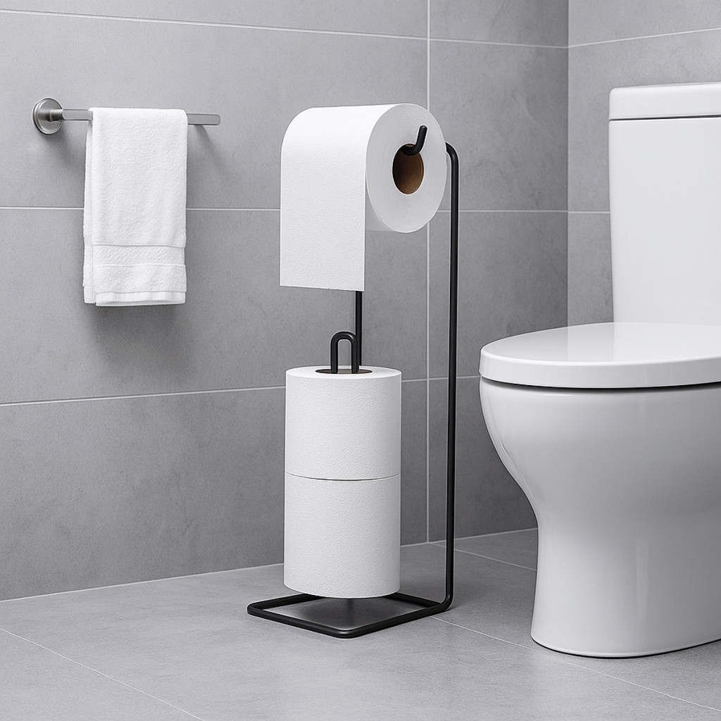 Suporte Porta Papel Higiênico de Chão Banheiro 3 Rolos Aramado Ferro Preto Organizador