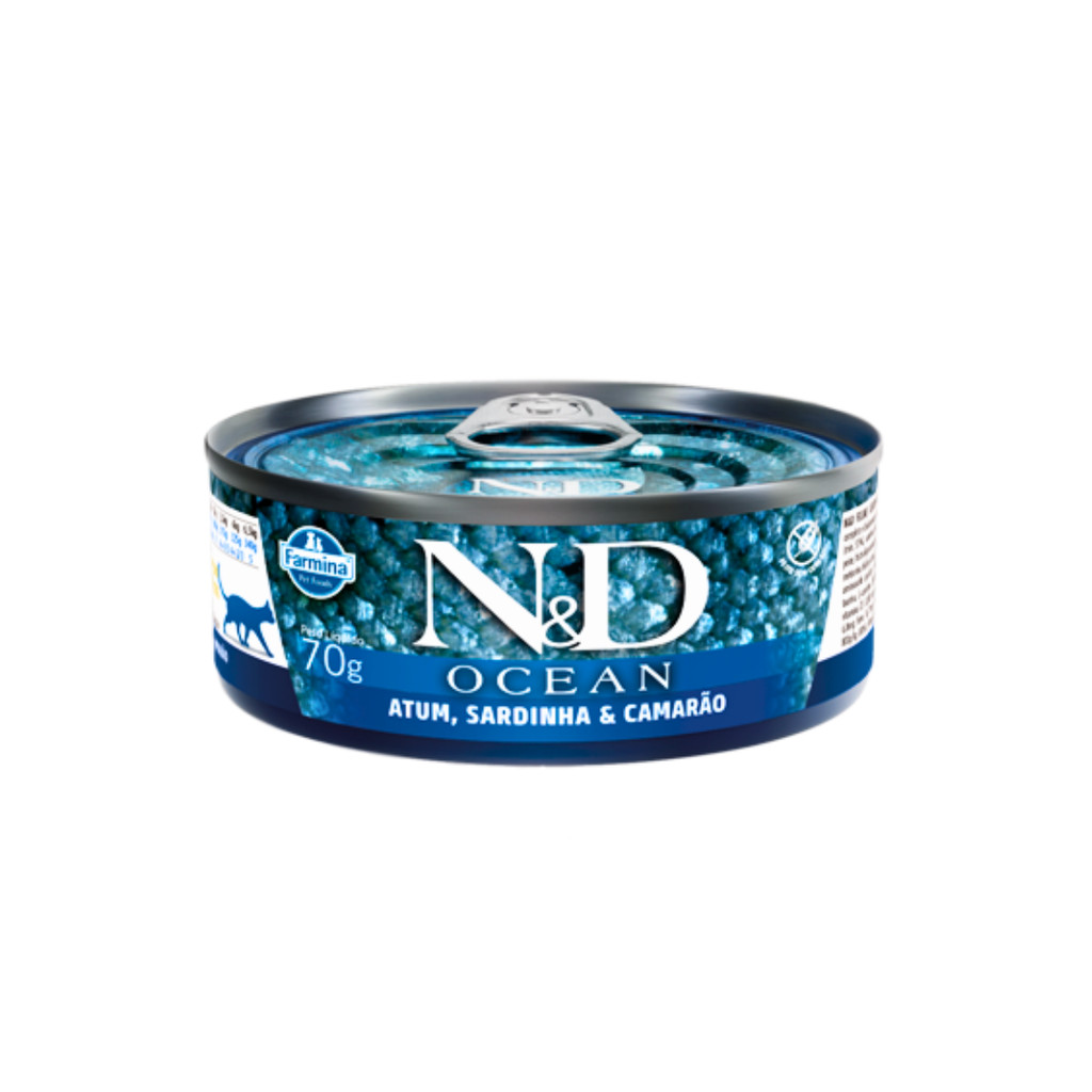 Ração Úmida N&D Ocean Atum, Sardinha e Camarão para Gatos – Lata 70g | Natural e Super Premium