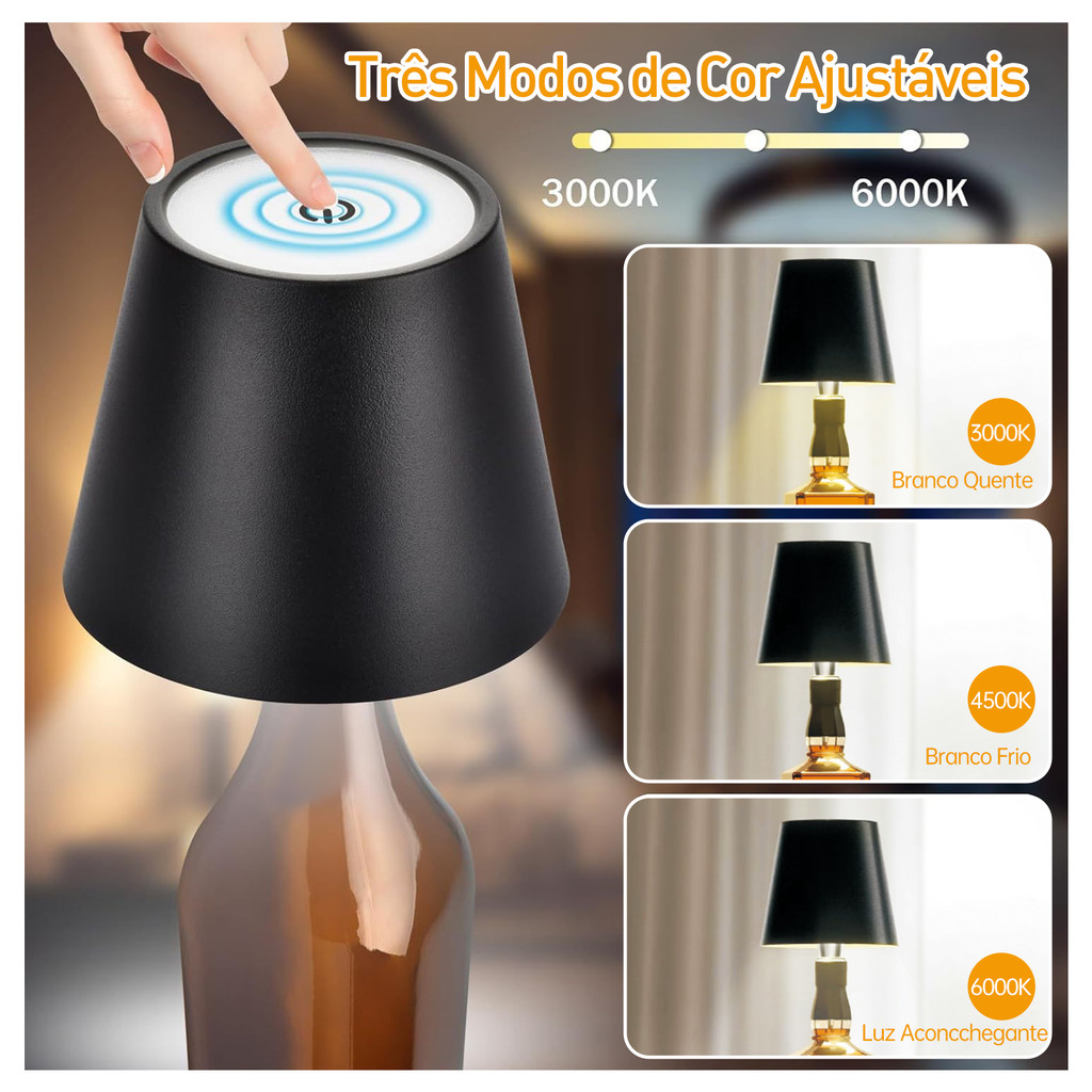 Luminária Led Para Garrafa Vinho Whisky Abajur Mesa Sem Fio 3 Tons Touch Recarregável Portátil Decoração Casa Sala