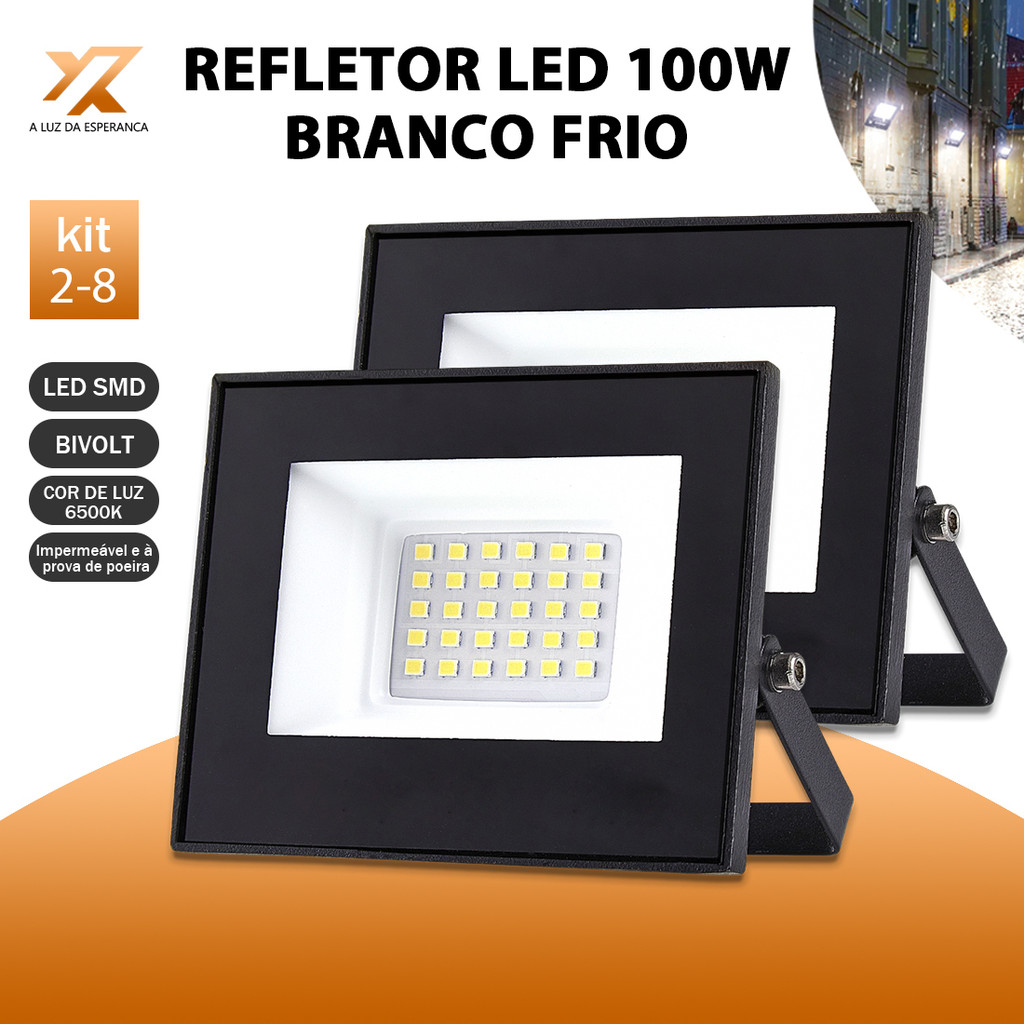 KIT 2 a 8 Refletor LED 100W Holofote Super Potente à Prova d'Água Área Externa Luz Branco Bivolt 