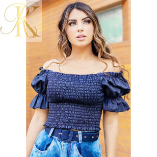 Blusa Cropped Jeans De Lastex Ciganinha