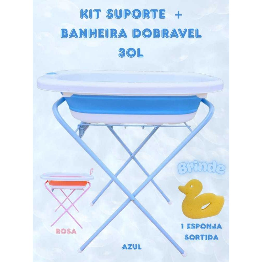 Kit Suporte + Banheira de Bebe Dobrável 30L Resistente Compacta Leve Design Anatômico