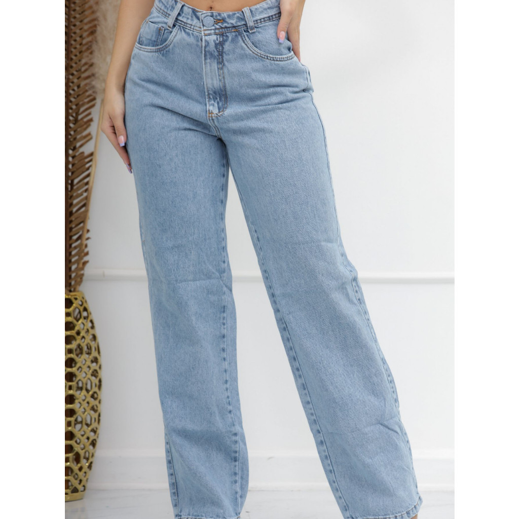 Lukasjeans 1307 Calça jeans feminina  pantalona wide leg calca com bolsa  Sem Rasgo feminina lisa Jeans jeans casual   perna larga cintuta alta
