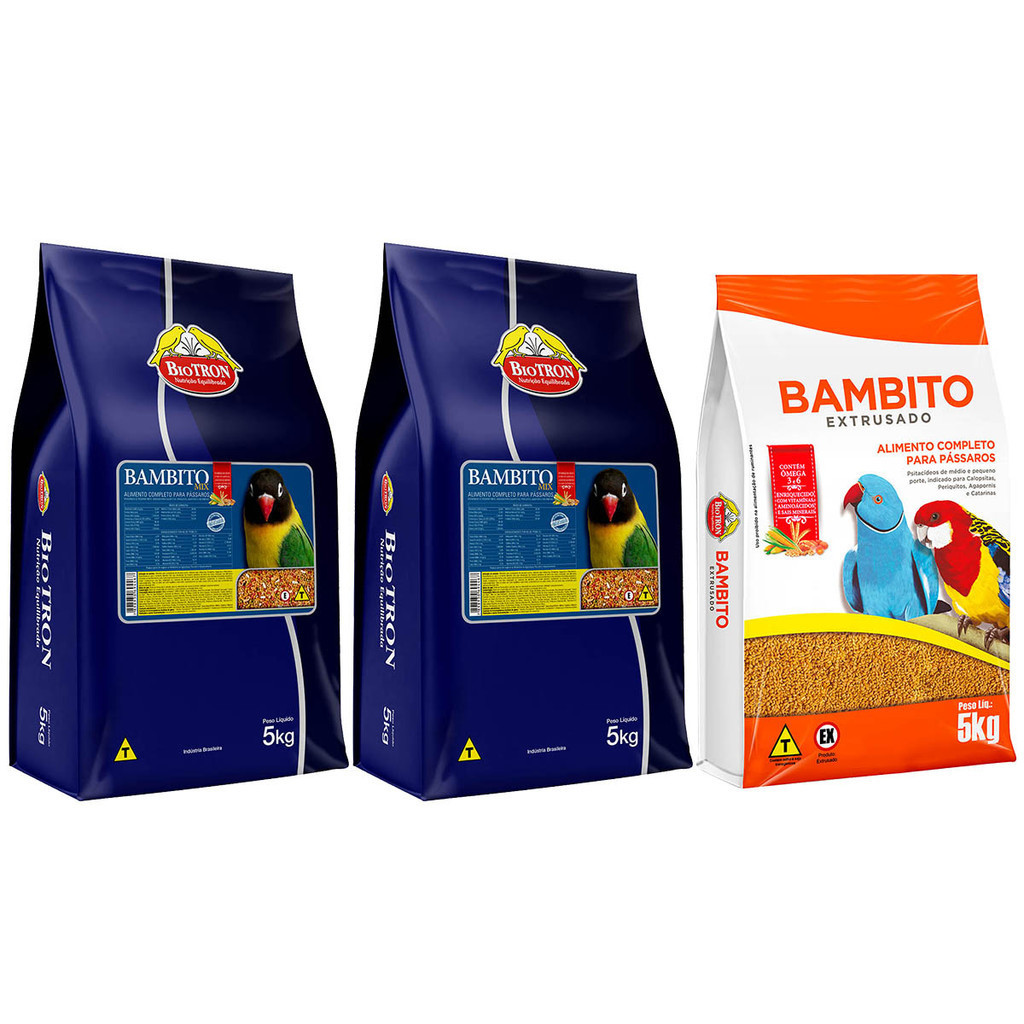 Kit Criador 1 Bambito Extrusado 5kg + 2 Bambito Mix Sementes com Ração 5kg Calopsita RingNeck Rosela