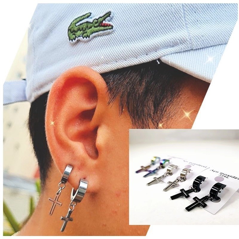 brincos de argola cruz masculino feminino de aço inoxidável  preto prata cor cruz gótico punk rock estilo pendiente