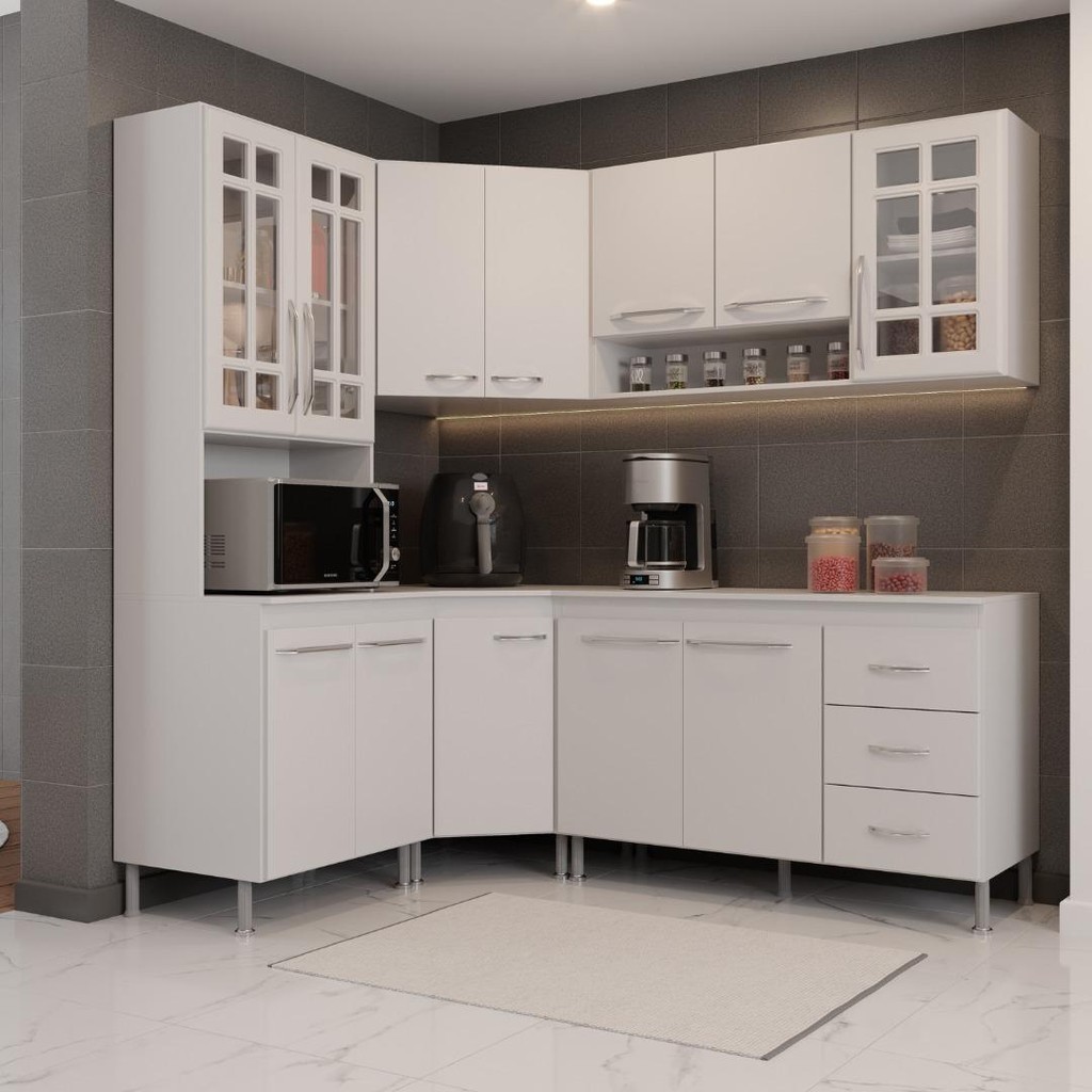 Cozinha Modulada Completa Fidelitá Viena 5 Peças 340cm 12 Portas 3 Gavetas Com Tampo Branco - Home & Living