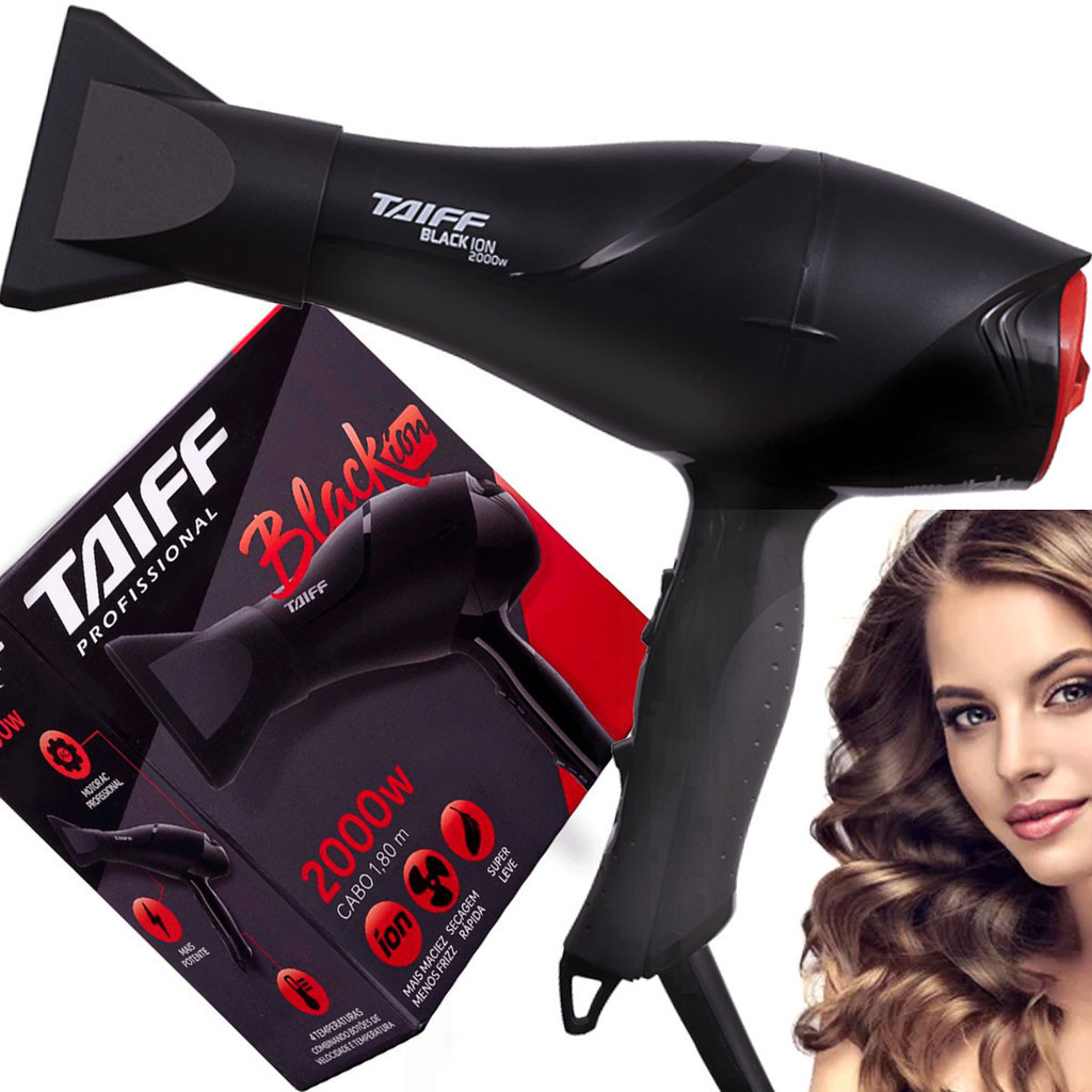 Secador Cabelo Taiff Black Profissional 2000w Motor AC Íon Cabo 1,8m Potente Preto