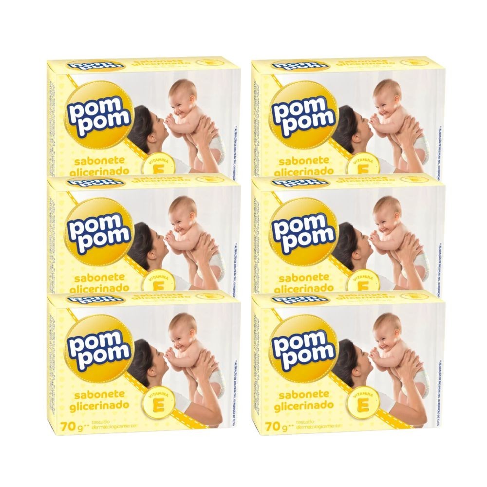 6x Sabonete Infantil em Barra Glicerinado Pom Pom 70g