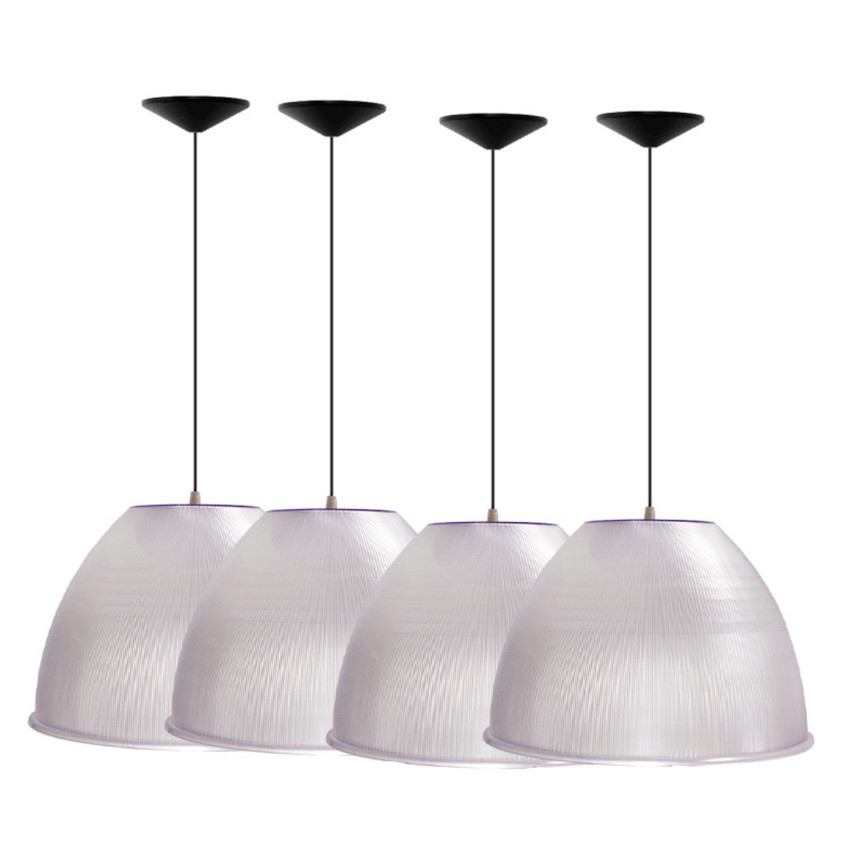 Kit 4 Luminárias Pendente Prismatico Para Galpão Industrial 16 Pol 40cm Cristal Cabo 1,1M Prismatica
