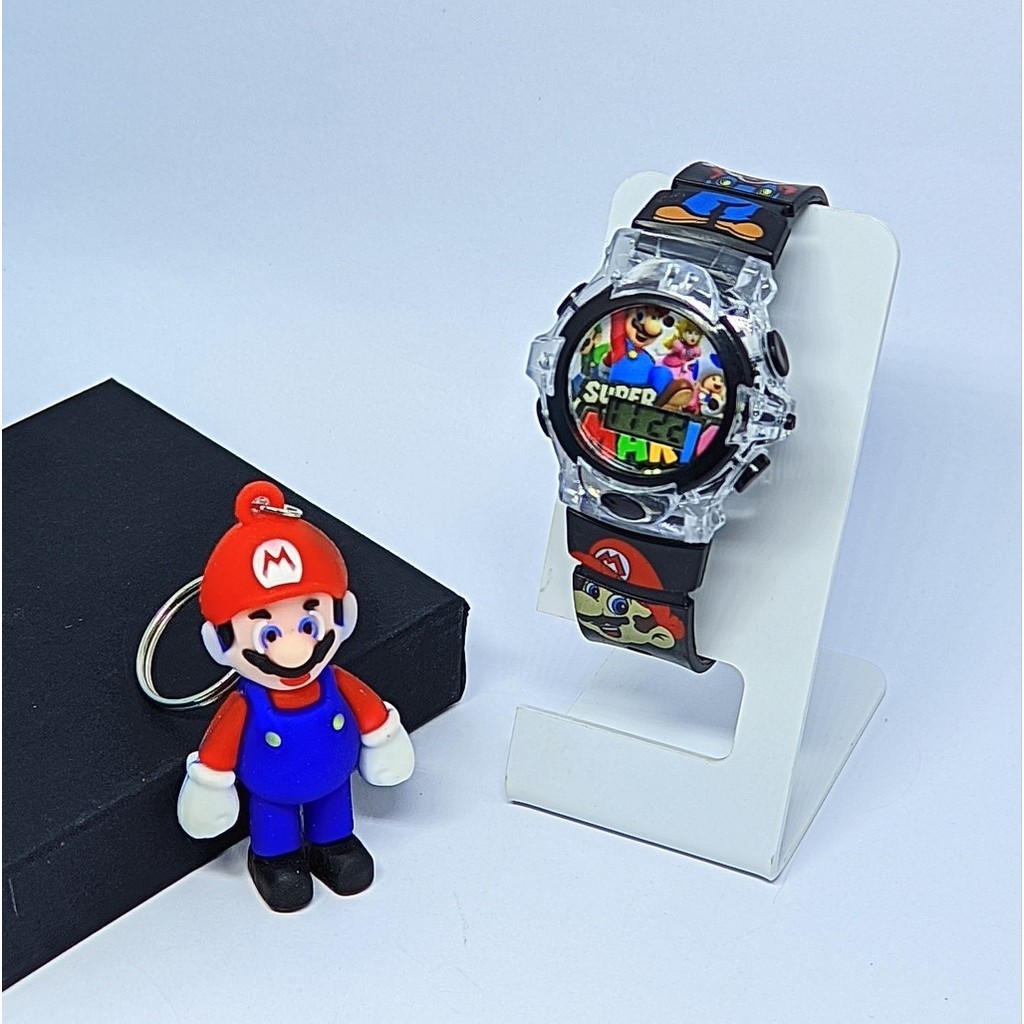 Kit Relógio Infantil Digital Pisca Luz Led + Chaveiro Mini Boneco 3D emborrachado Super Heróis Minnie Sonic Super Mario