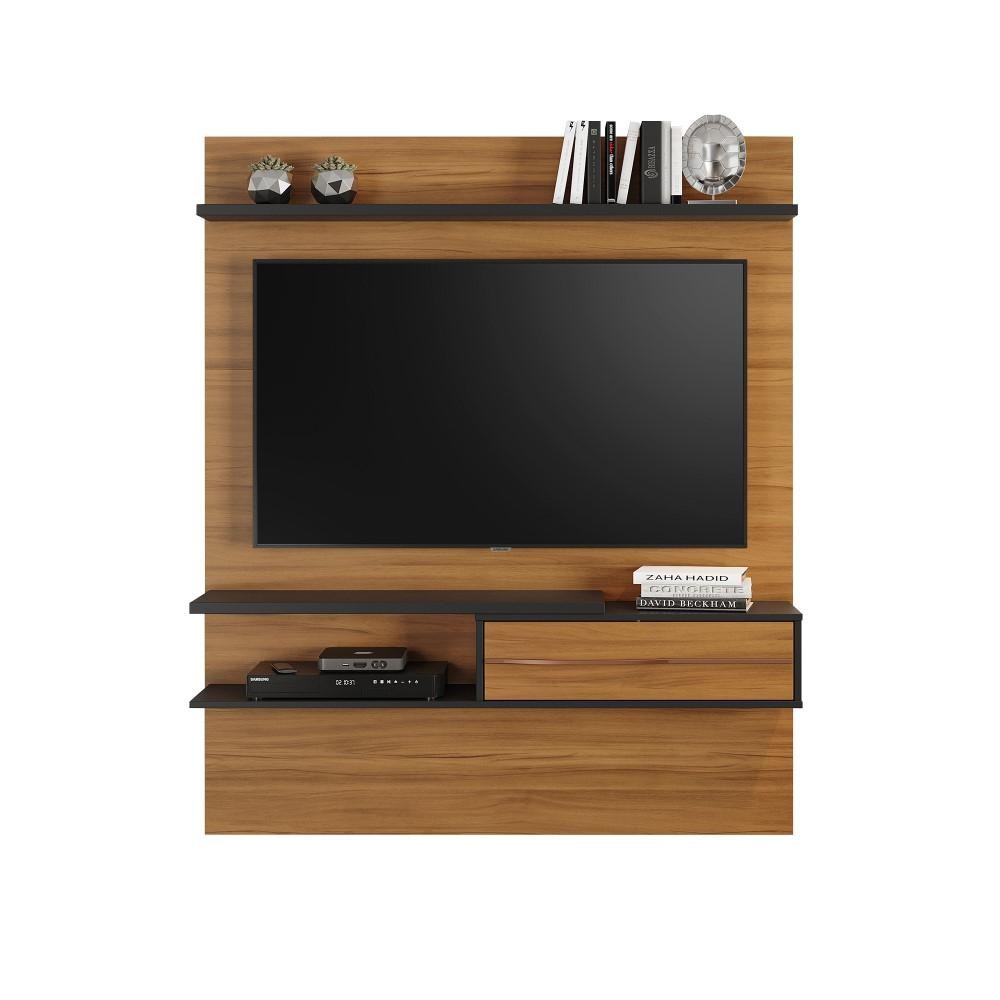 Painel Home Suspenso Para TV Até 55 Polegadas 1 Porta Sala de Estar Marrom Madeira e Preto