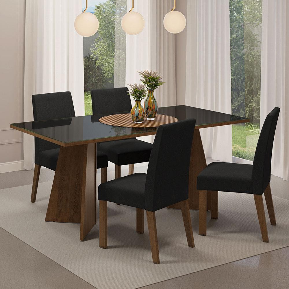 Conjunto Sala de Jantar Mesa Tampo de Vidro 4 Cadeiras Rustic/Preto/Oxford Taylor Madesa em Oferta na Shopee