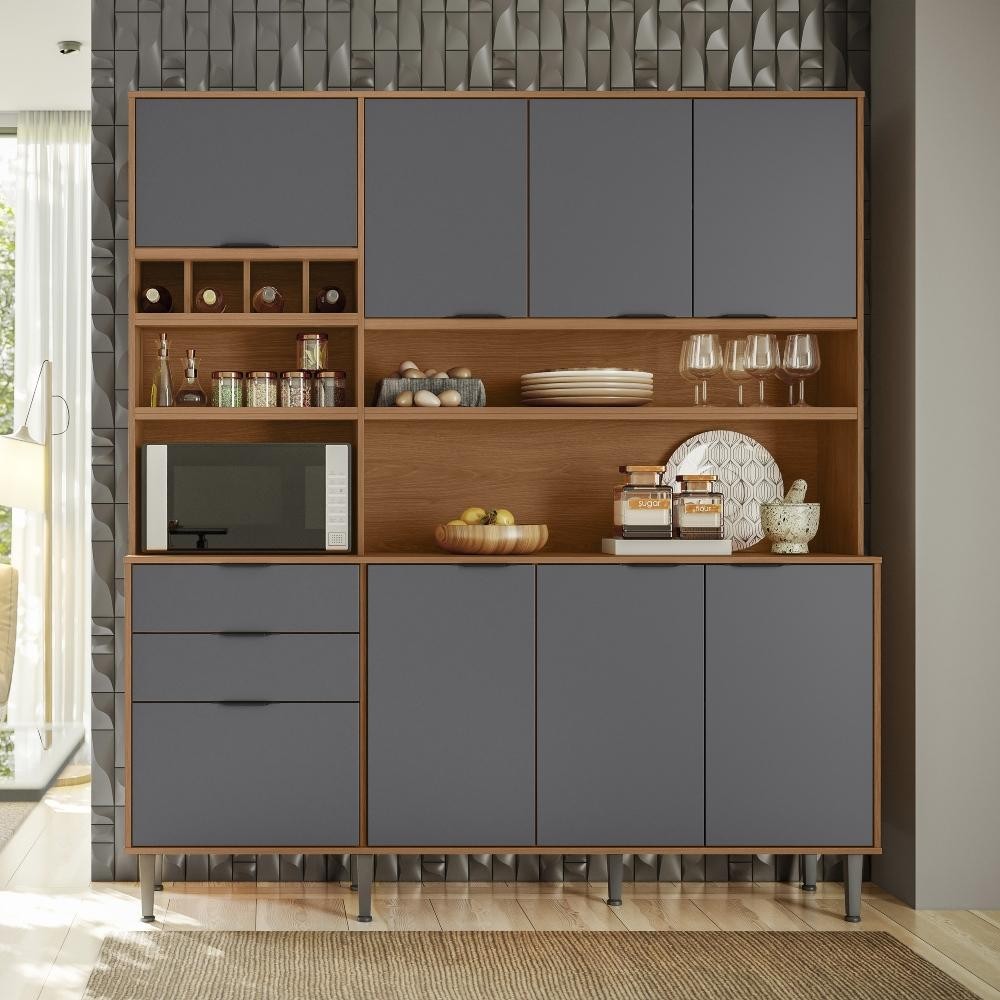 Kit de Cozinha Compacta Lukaliam Móveis Viena 8 Portas e 2 Gavetas em MDP Jequitiba/Grafite