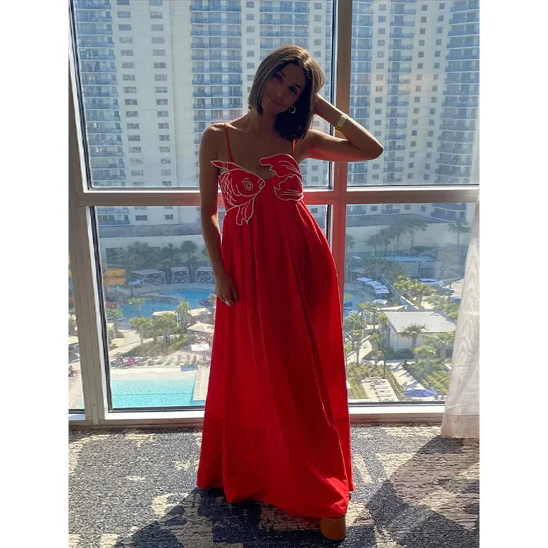 Vestido maxi peixe vermelho feminino, vestido sexy de cintura alta, moda praia e rua, festa de verão, 2024