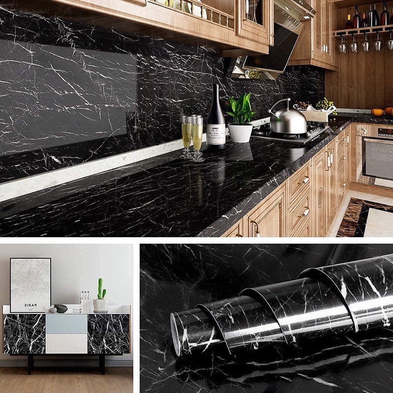 Papel De Parede Adesivo Mármore Preto Brilhante Lavável 3 METROS X 60CM Renove Seu Moveis Bancada Ambiente Cozinha