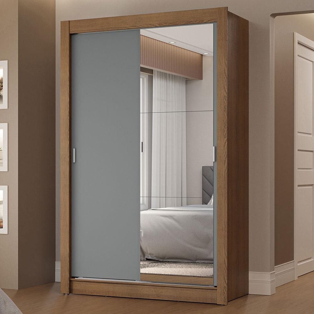 Guarda-Roupa Solteiro 2 Portas de Correr com Espelho 2 Gavetas Rustic/Cinza Vivare Madesa - Home & Living