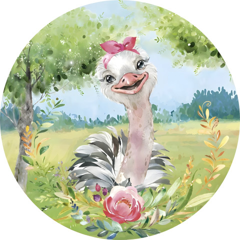 NOVO Painel Festa Infantil Redondo Avestruz, fita rosa na cabeça, floral aquarela + Arco, Suporte incluso. Fazemos personalizado com qualquer tema. Confeccionado em Lona fosca, impressão de alta resolução. cenário , p/ Decoração