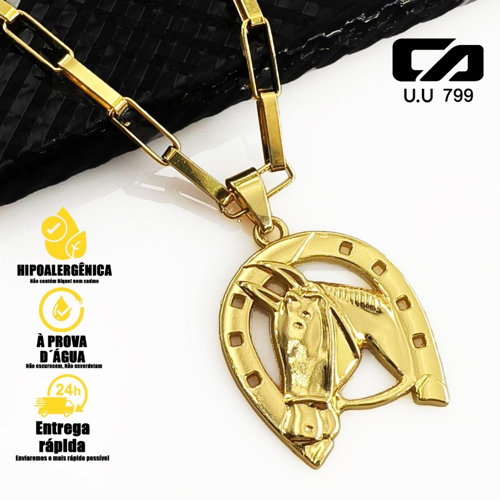 Colar Corrente 5MM com Pingente Ferradura - Banhado a Ouro 18K, Não Escurece