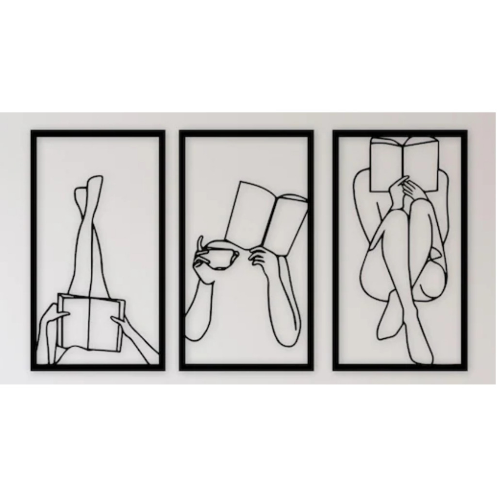 Quadro Decoração Sala Quarto Cantinho da Leitura Menina Livros Ler em MDF 3mm Preto