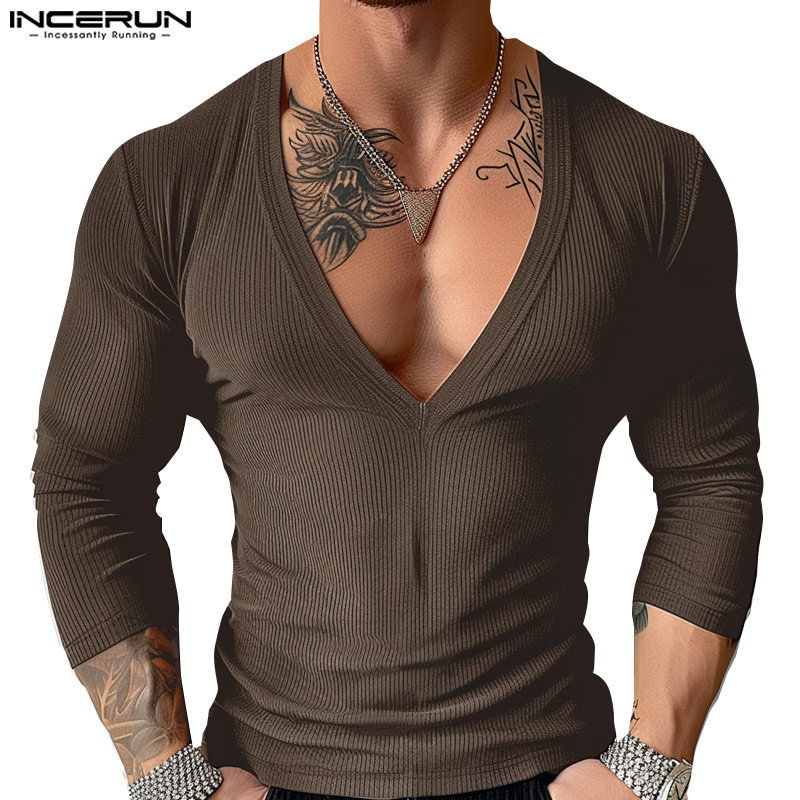 INCERUN Camisetas Masculinas Vintage Fashion Com Decote Em V Profundo Listradas De Manga Comprida
