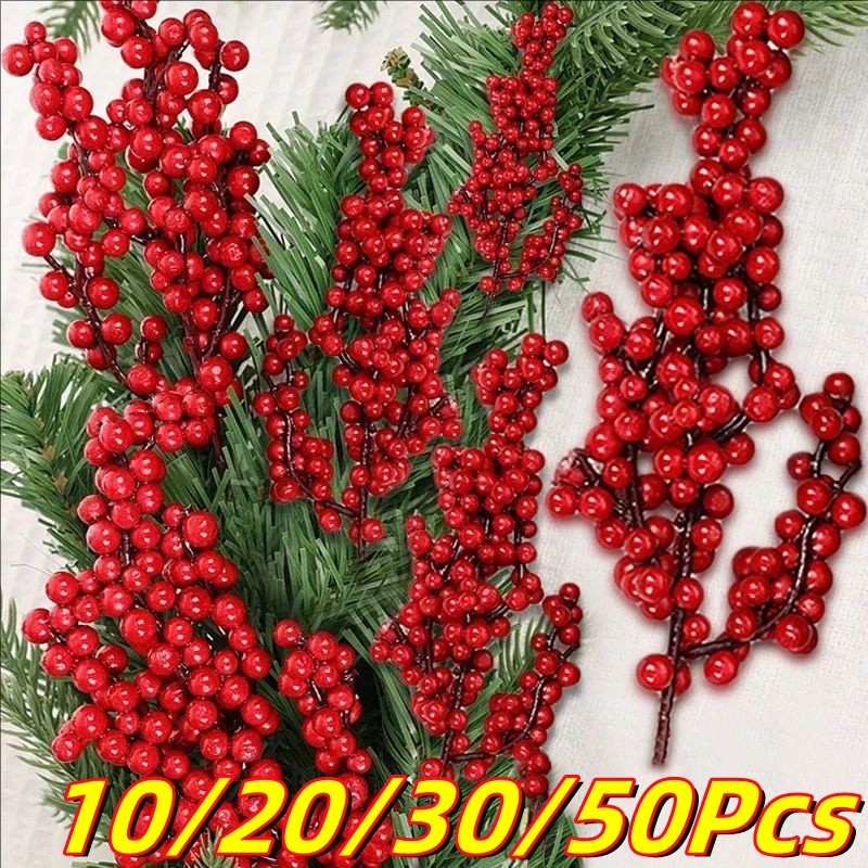 10/20/30/50 Pçs Clássico Natal Artificial Ramos De Frutas Vermelhas-DIY Guirlanda De Árvore De Simulação Decorativa Buquê Itens De Férias