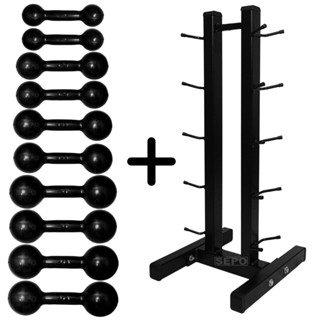 Kit Halteres Emborrachados Preto Pares de 1Kg ao 5Kg com Suporte de Chão Preto em Oferta na Shopee