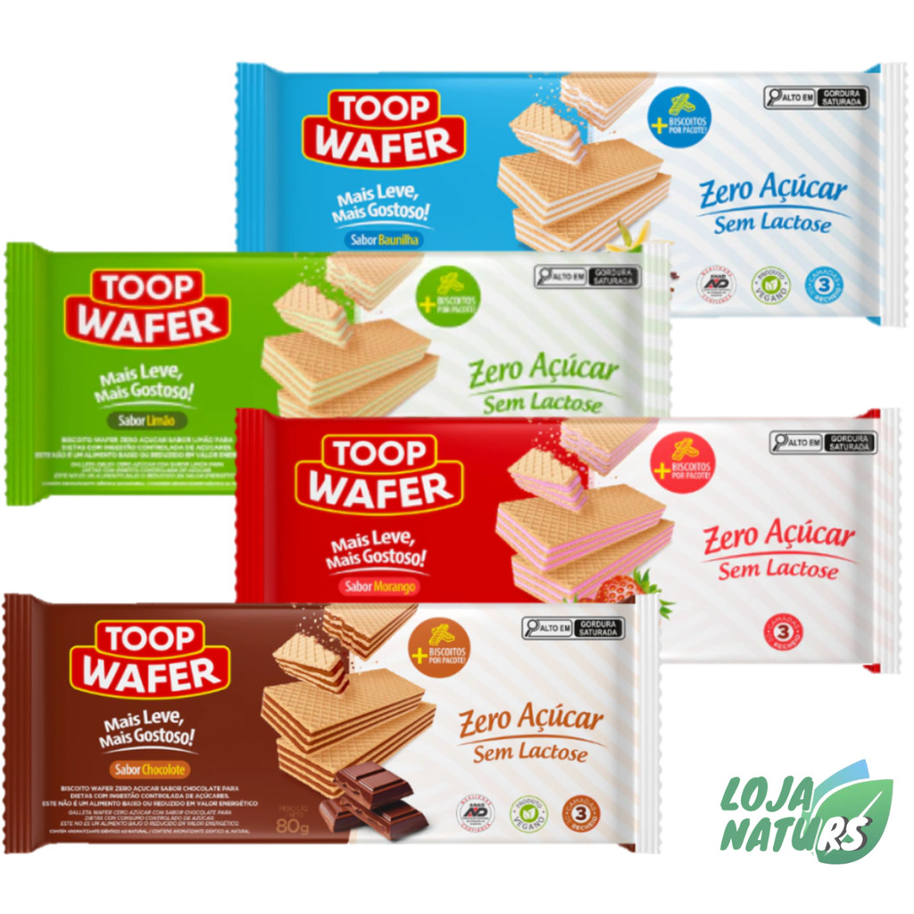 KIT Biscoito Wafer Zero Açúcar Sem Lactose Vegano 78g - Toop Wafer em Oferta na Shopee