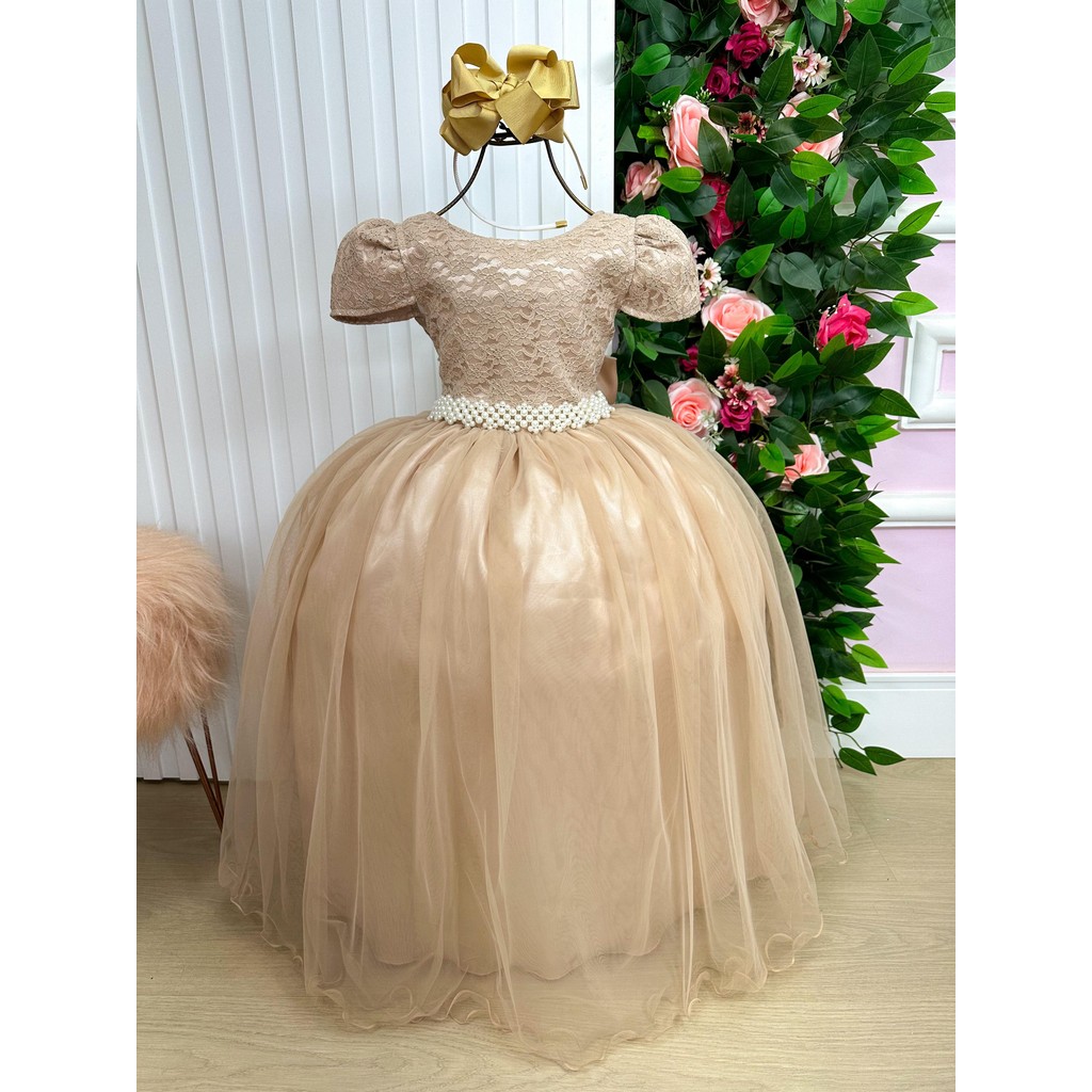 Vestido Enjoy Longo Laura Dourado Rendado Formatura Noiva Batizado Elegante Luxo Clássico Cerimônia Festa Formal Princesa Sofisticado Delicado Glamouroso Chic Tradicional Romântico Solene Infantil Juvenil Festa Casual Menina