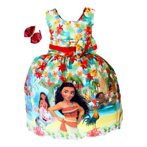 Vestido Infantil Luxo Meninas Moana Festa Tiara Colorido