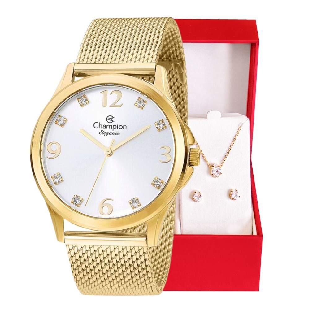 Relógio Feminino Champion Analógico Dourado Pulseira Mesh Colar e Brincos Original Moda CN24093B em Oferta na Shopee