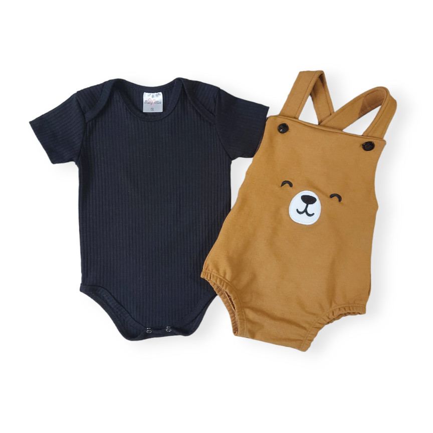 Conjunto Jardineira Romper com Body Canelado Preto - Urso Bordado em Oferta na Shopee