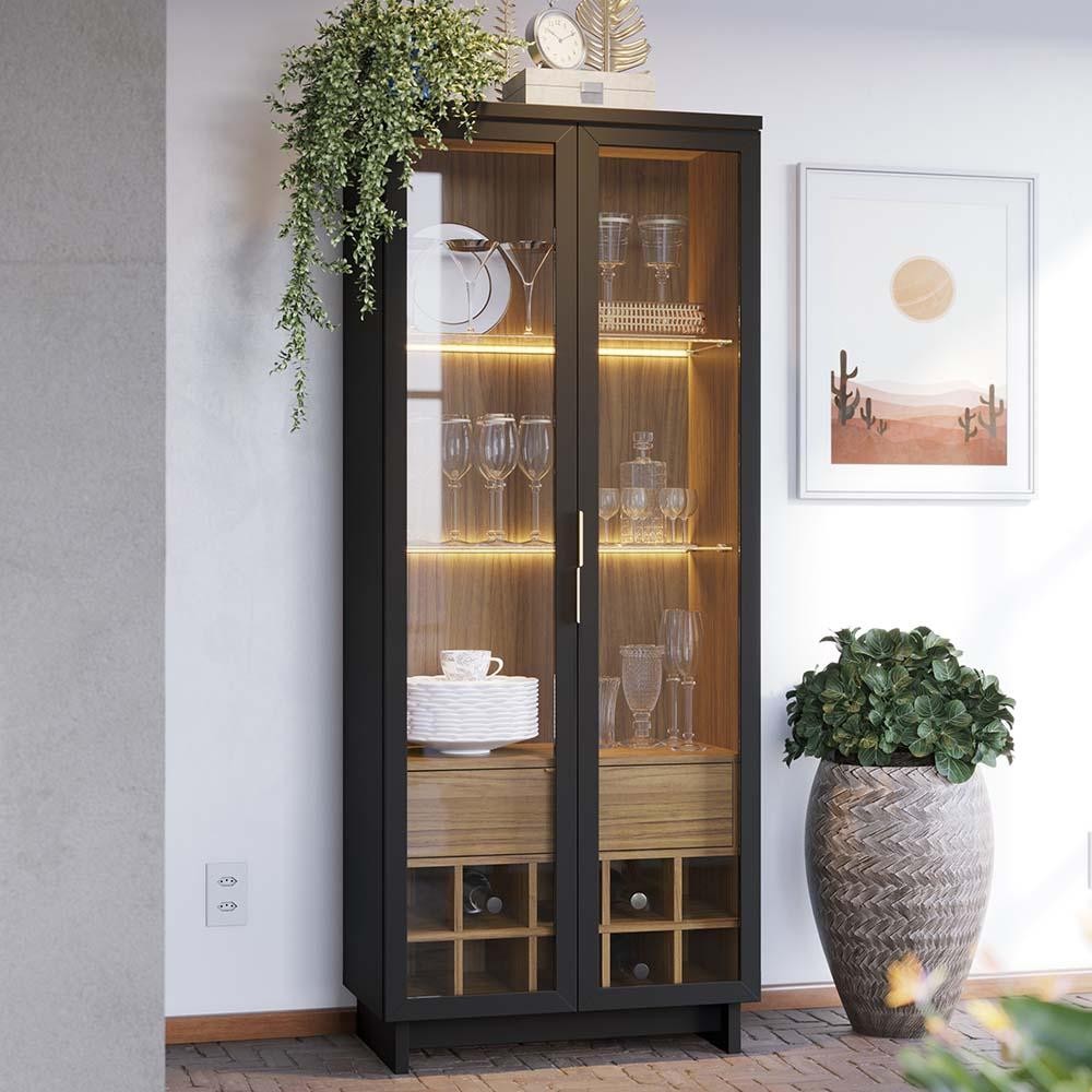 Cristaleira Decorativa com Led Tenerife Preto/Noce G73 - Gran Belo