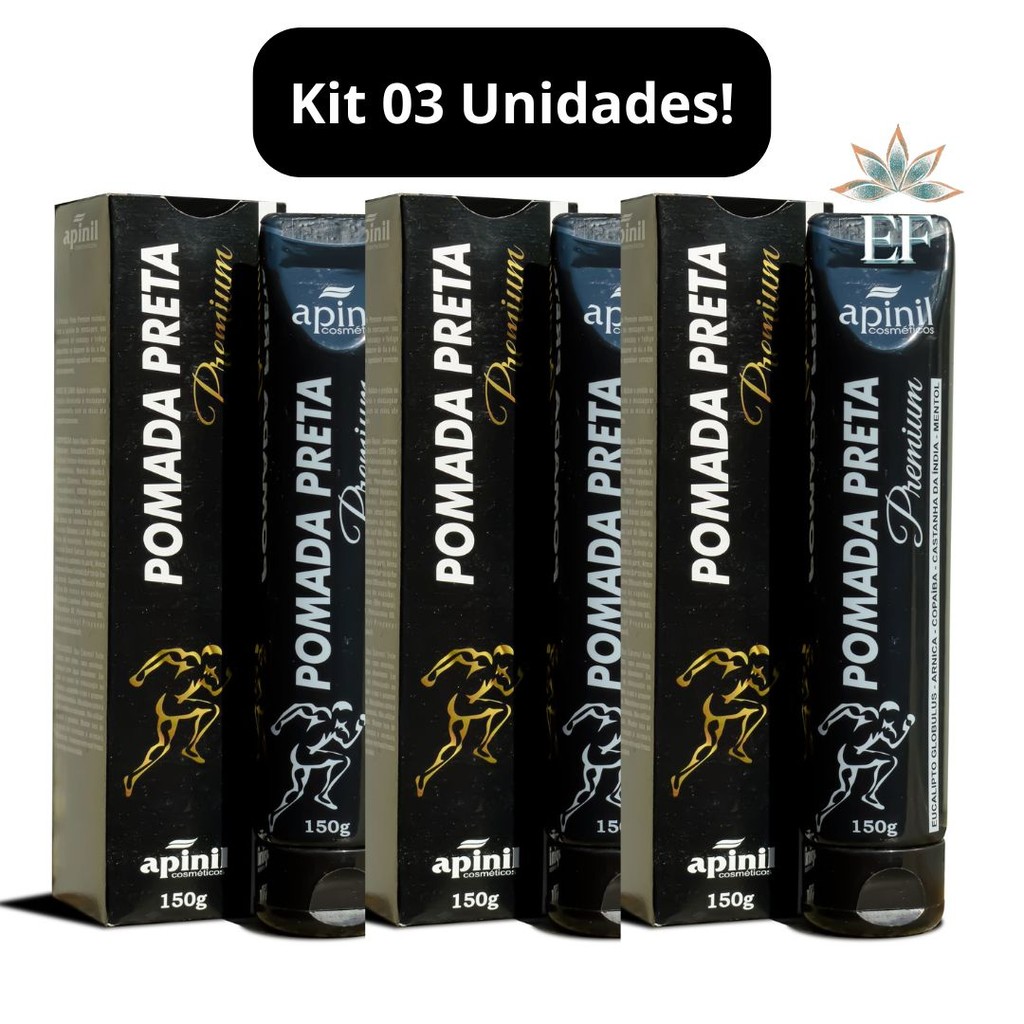 Kit 3 Unidades Pomada Preta Premium Massageadora 150g Apinil