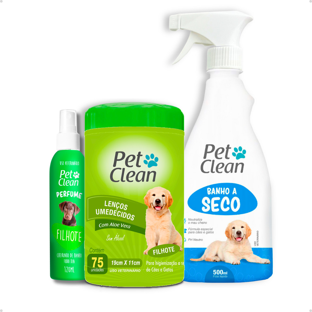Kit Banho Sem Enxágue Lenço Umedecido + Banho a Seco + Perfume Pet Clean em Oferta na Shopee