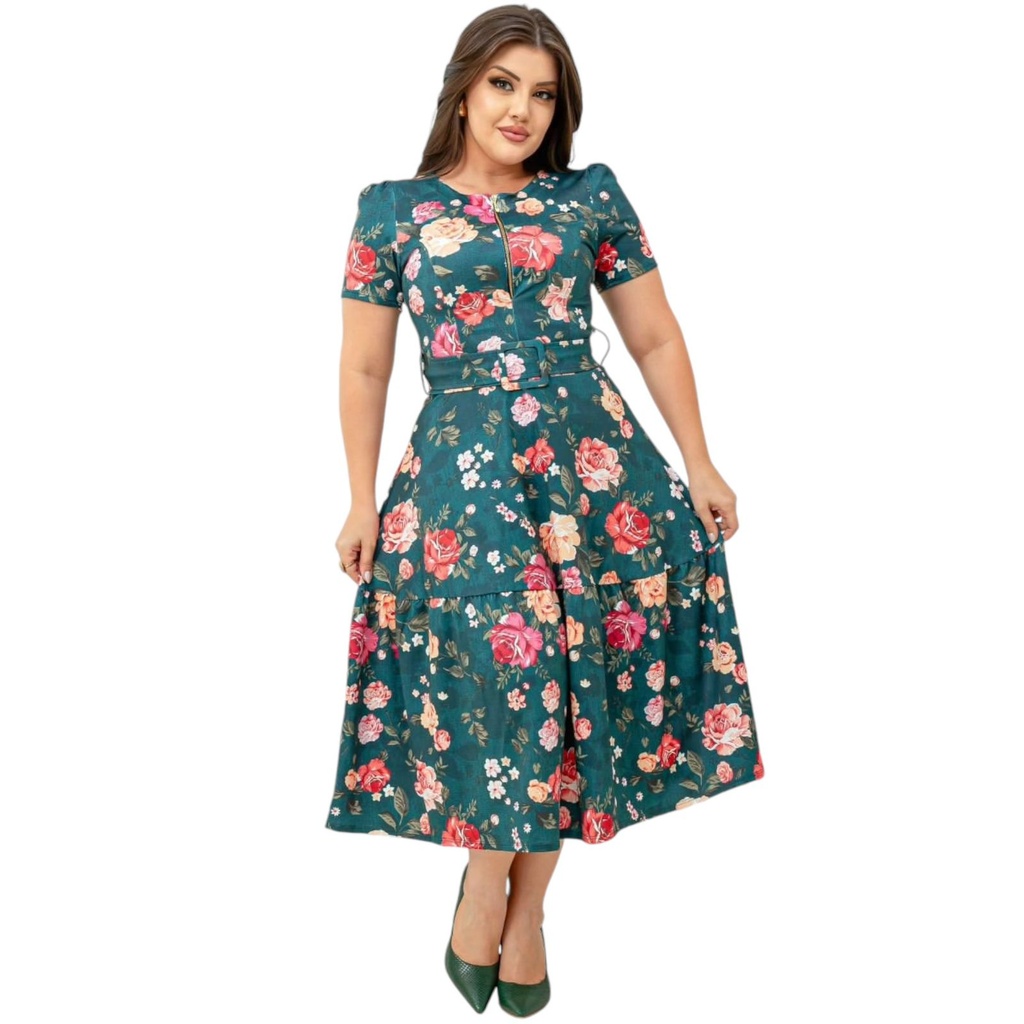 Vestido Moda Evangélica Estampado Godê Mídi Com Zíper Cinto