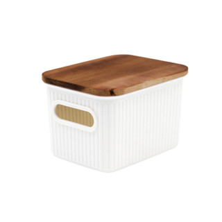 caixa organizadora 1,5L de plástico com tampa de madeira acácia - Oikos em Oferta na Shopee