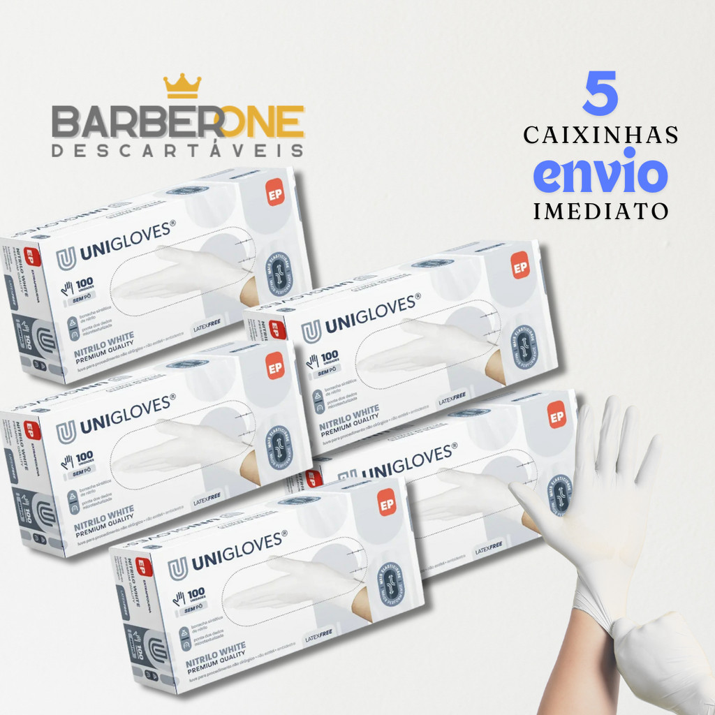 LUVAS DE NITRILO SEM TALCO UNIGLOVES WHITE - 5 CAIXINHAS -500 UNIDADES