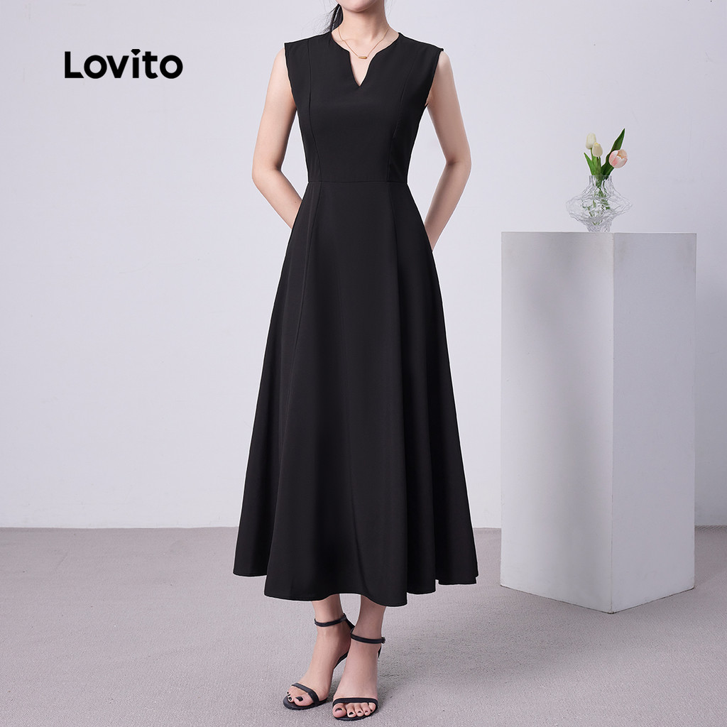 Detalhes do Lovito Vestido Feminino Elegante Boho com Zíper Plissado, Toque Suave, Cor Preto, Primavera/Verão, Ref. LBL26518