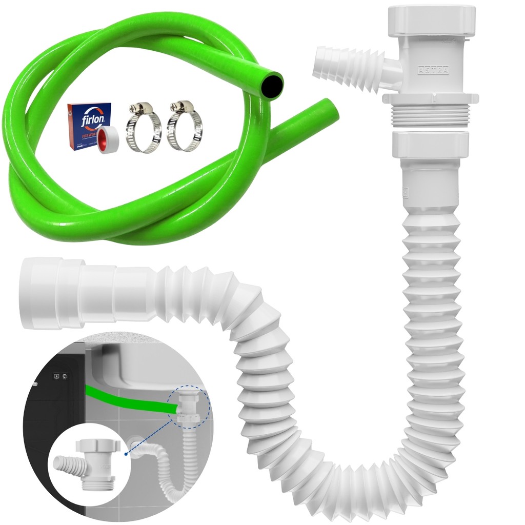 Kit Adaptador Para Máquina de Lavar Louça com Mangueira Sifão Sanfonado Universal Abraçadeira 1" e Fita Veda Rosca