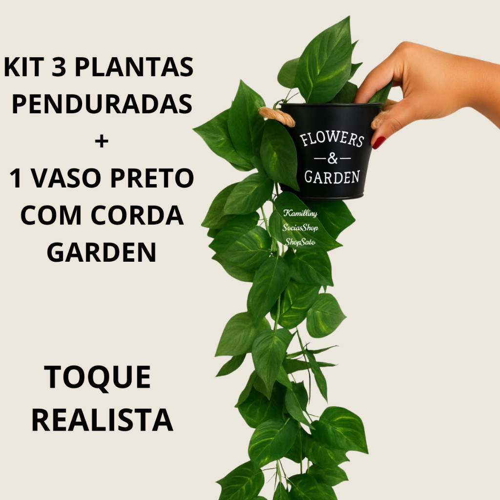 Arranjo Completo Vaso Garden Preto + 3 Trepadeiras Planta Pendurada Verde