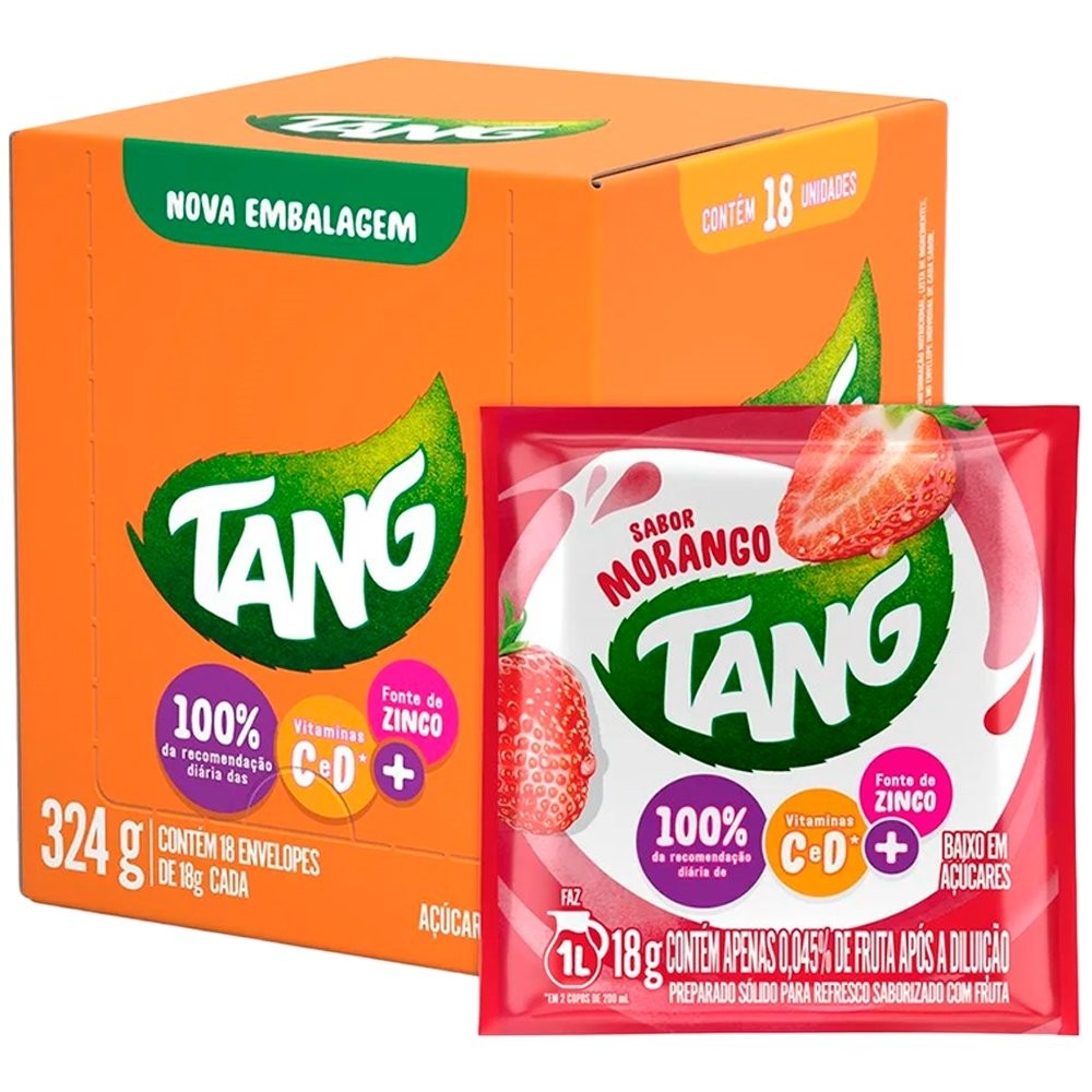Refresco em Pó Tang Morango 18g - Caixa com 18 Unidades