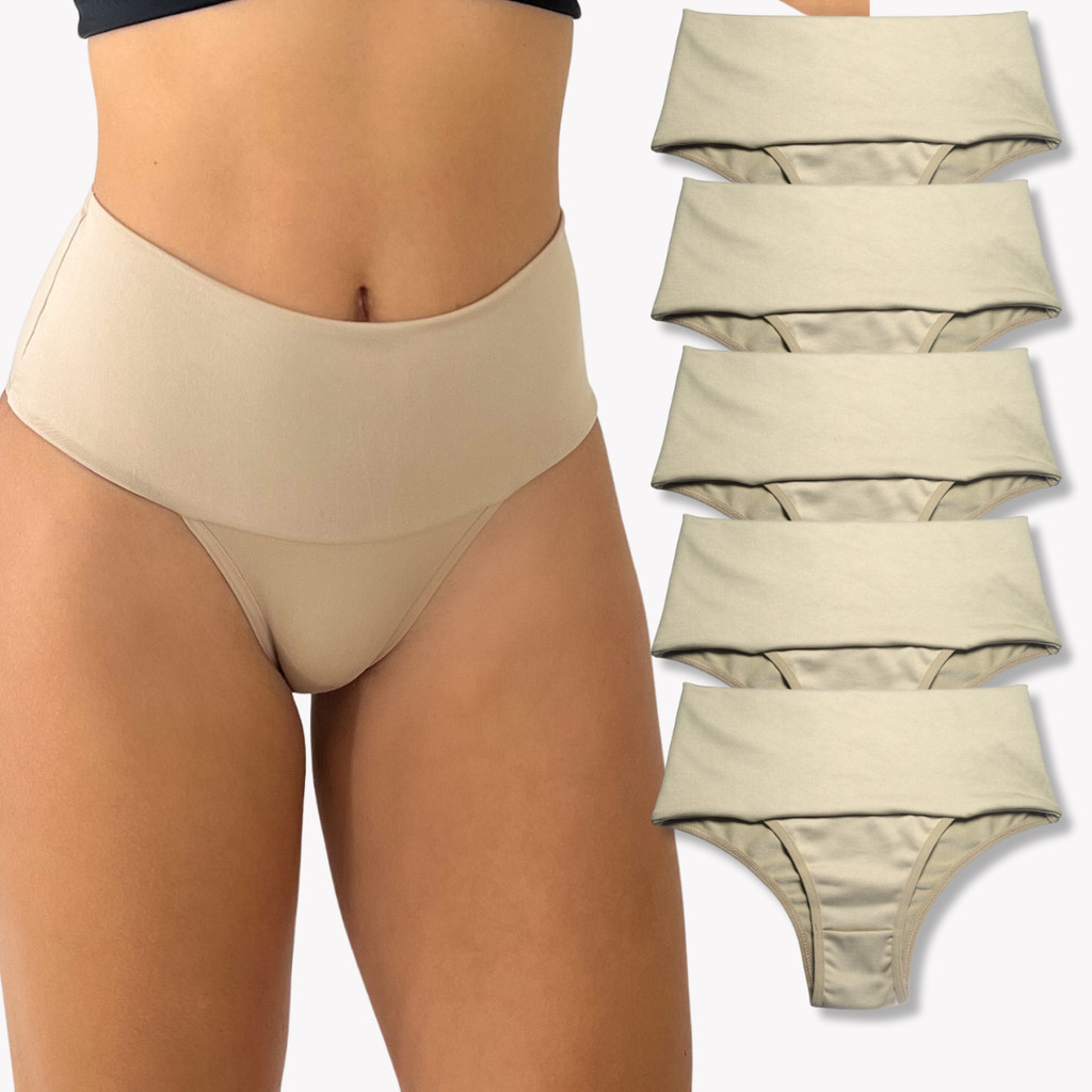 Kit 5 Calcinha Cintura Alta Modeladora Bege Chocolate Rupee