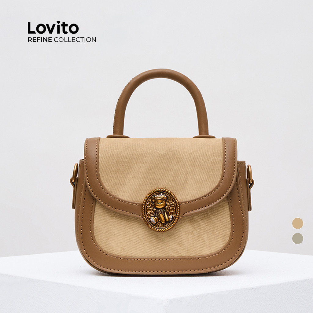 (Lovito Refine) Refine Vintage Patchwork Colorblock Tecido Costura Metal Bolsa de Ombro Tote para Mulheres LFA57033 - Women Bags