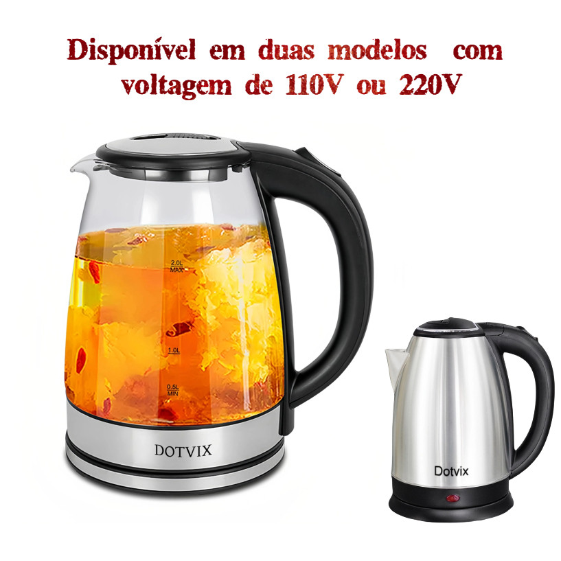 Chaleira de vidro/Inox 1.8L Elétrica – Ferve Água Rápido | 110V/220V + Desligamento Automá...