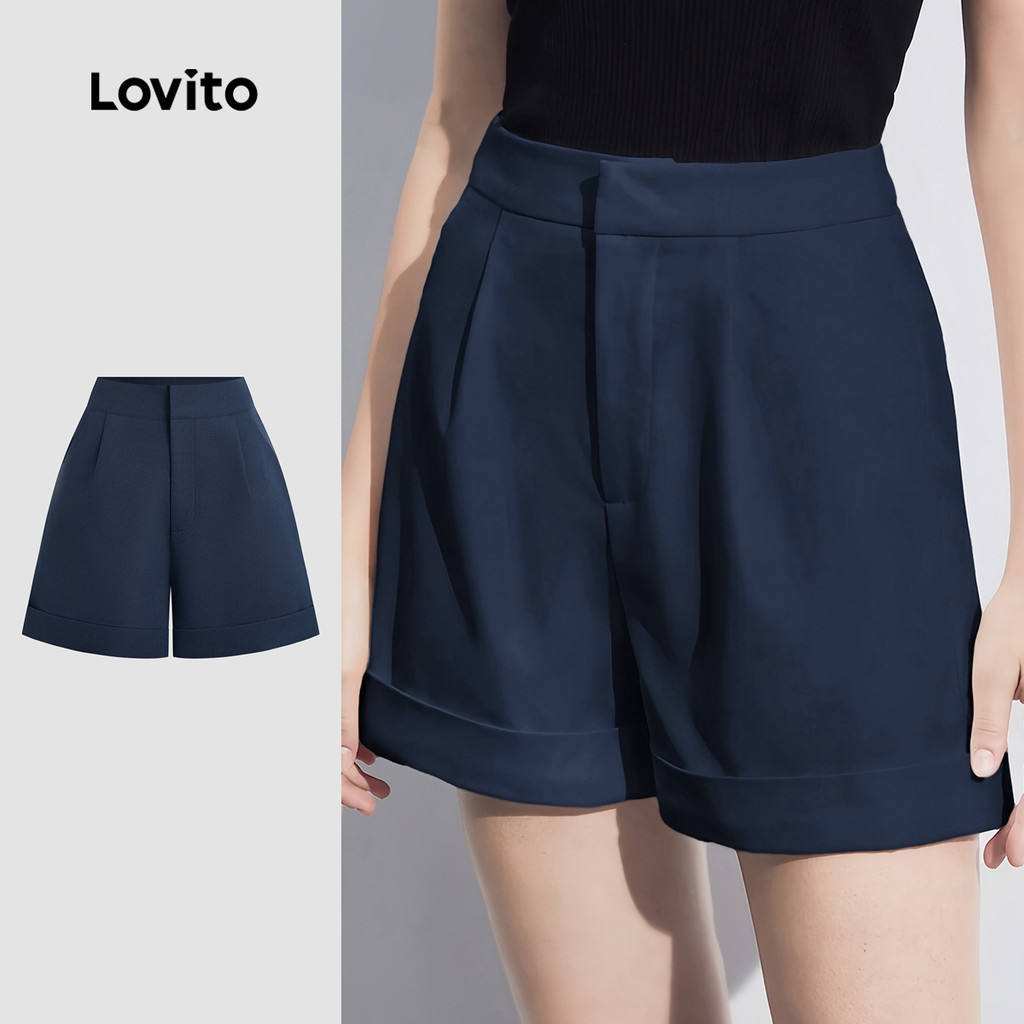 Lovito - Shorts Casuais De Bolso Liso Primavera/Verão Marinho Para Mulheres L134ED411 - Women Clothes