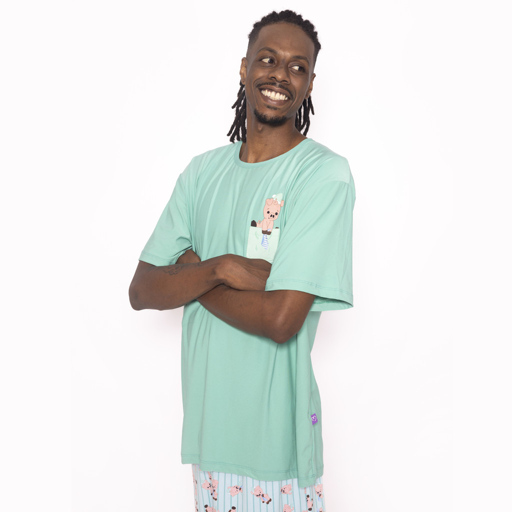Pijama No Mundo da Lua Adulto Masculino Ruanito Verde Bolso - TurmaTube - Men Clothes